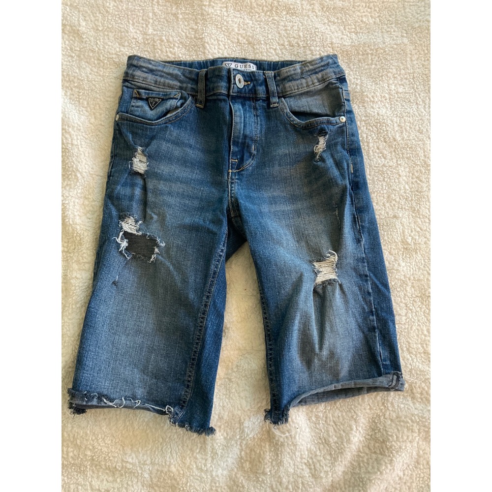 Guess Los Angeles Boys Distressed Denim Bermuda Shorts Blue Raw Hem Size 14